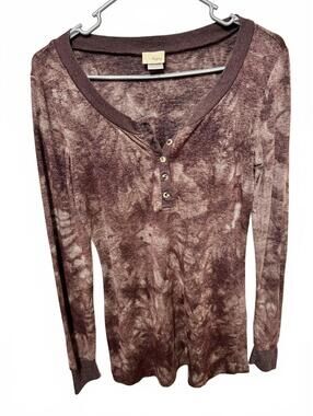 Daytrip Womens Tie Dye Thermal Henley Top Size M Brown Long Sleeve